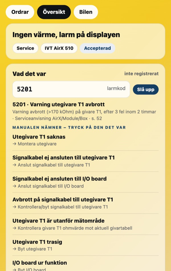 Larmkod uppslagen med manualens lista över orsaker