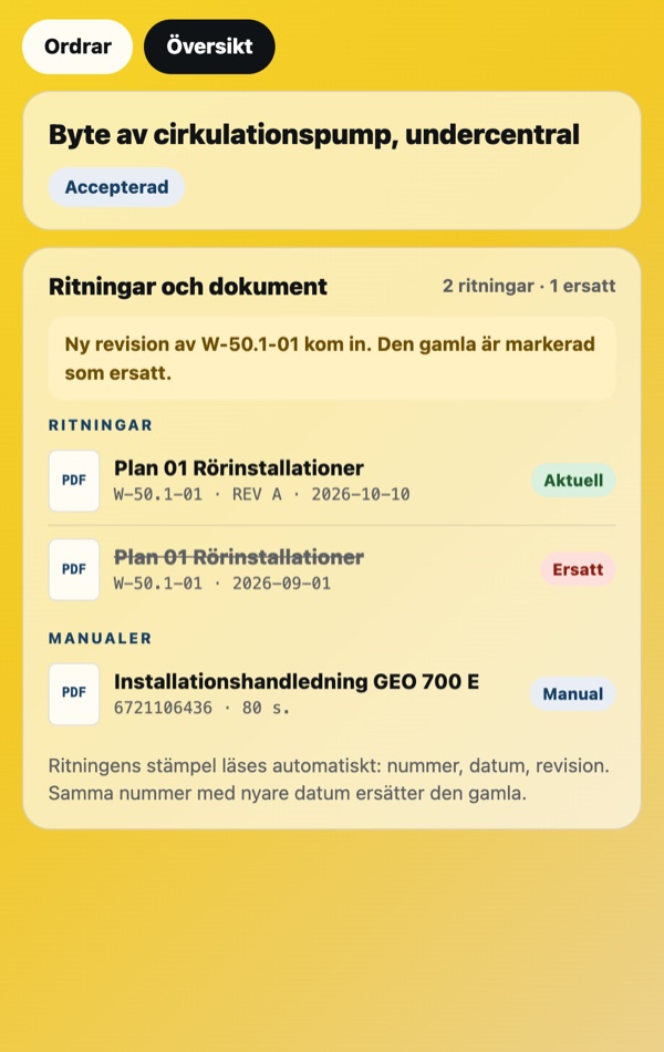 Ritningar och dokument på ordern, en markerad som ersatt